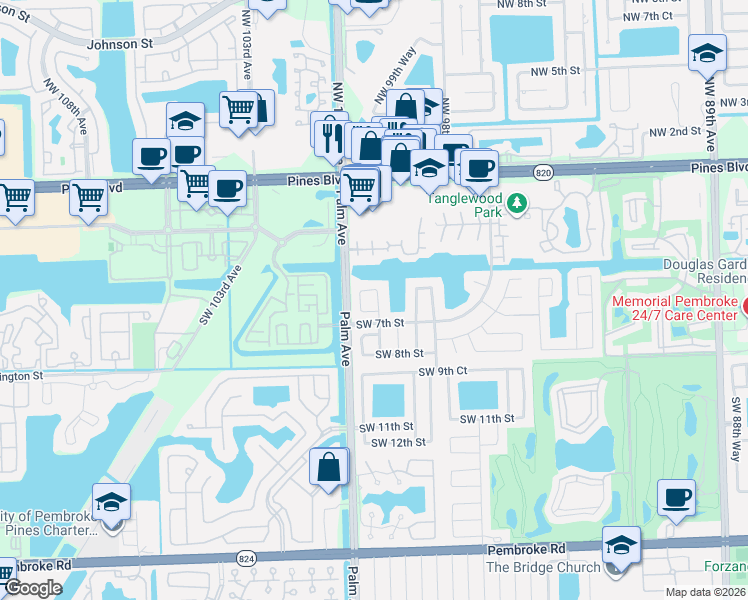 map of restaurants, bars, coffee shops, grocery stores, and more near 10011 Southwest 6th Street in Pembroke Pines