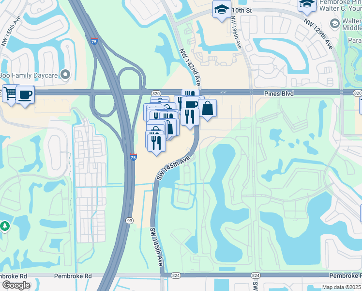 map of restaurants, bars, coffee shops, grocery stores, and more near 440 Southwest 145th Avenue in Pembroke Pines