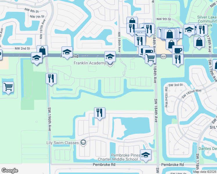 map of restaurants, bars, coffee shops, grocery stores, and more near 347 Southwest 188th Terrace in Pembroke Pines