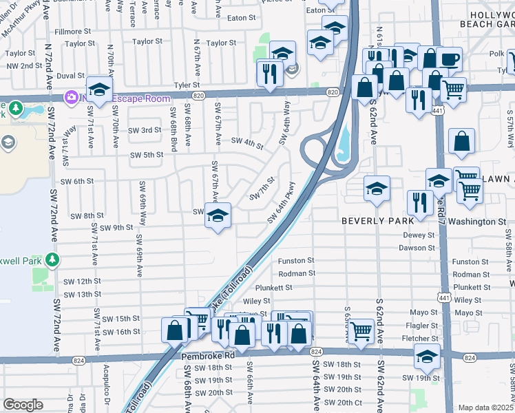 map of restaurants, bars, coffee shops, grocery stores, and more near 6430 Southwest 7th Street in Pembroke Pines