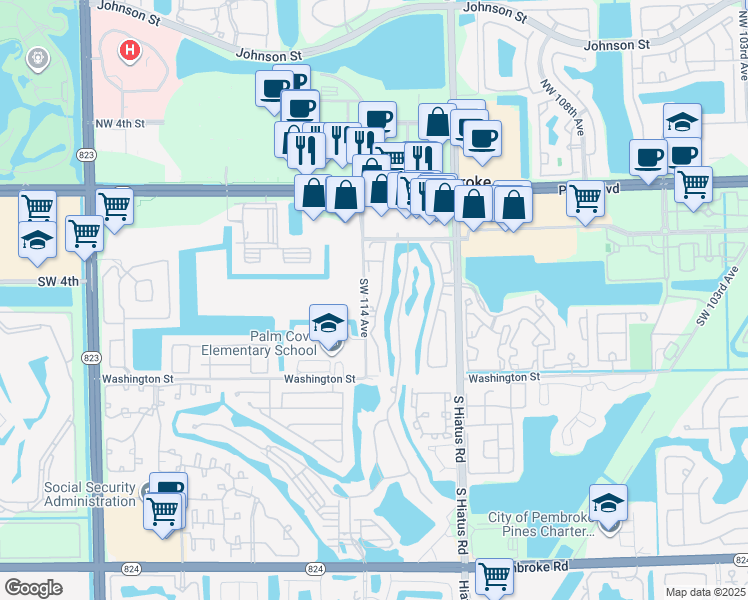 map of restaurants, bars, coffee shops, grocery stores, and more near 416 Southwest 113th Way in Pembroke Pines