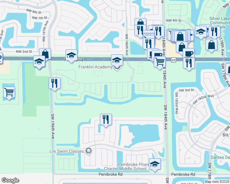 map of restaurants, bars, coffee shops, grocery stores, and more near 347 Southwest 188th Terrace in Pembroke Pines