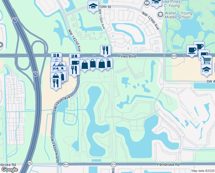 map of restaurants, bars, coffee shops, grocery stores, and more near 550 Southwest 138th Avenue in Pembroke Pines