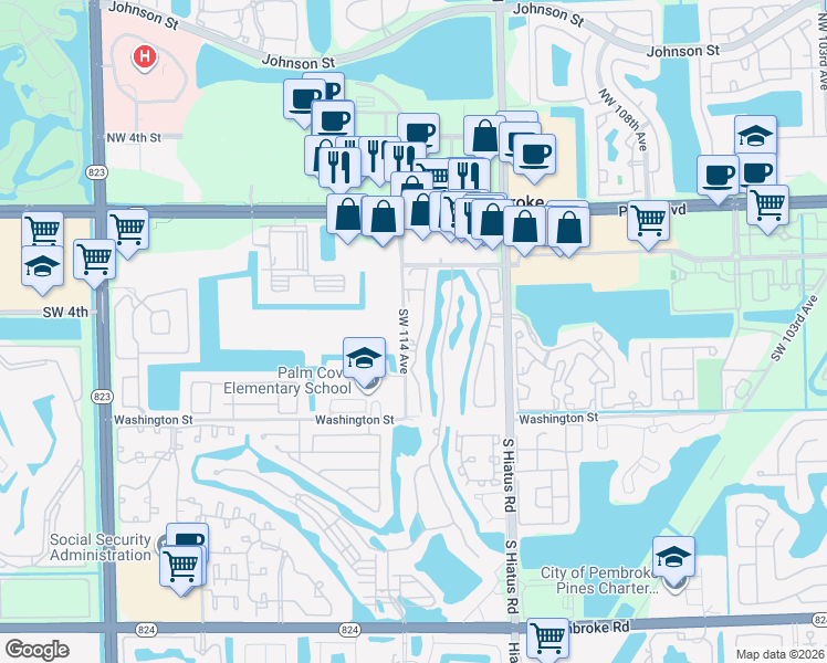 map of restaurants, bars, coffee shops, grocery stores, and more near 4585 Southwest 113th Way in Pembroke Pines
