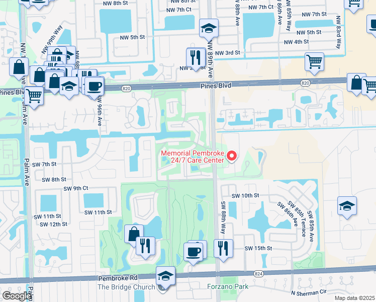 map of restaurants, bars, coffee shops, grocery stores, and more near 811 South Hollybrook Drive in Pembroke Pines