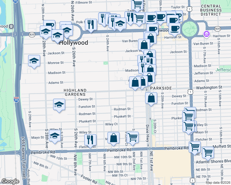 map of restaurants, bars, coffee shops, grocery stores, and more near 841 South 24th Avenue in Hollywood