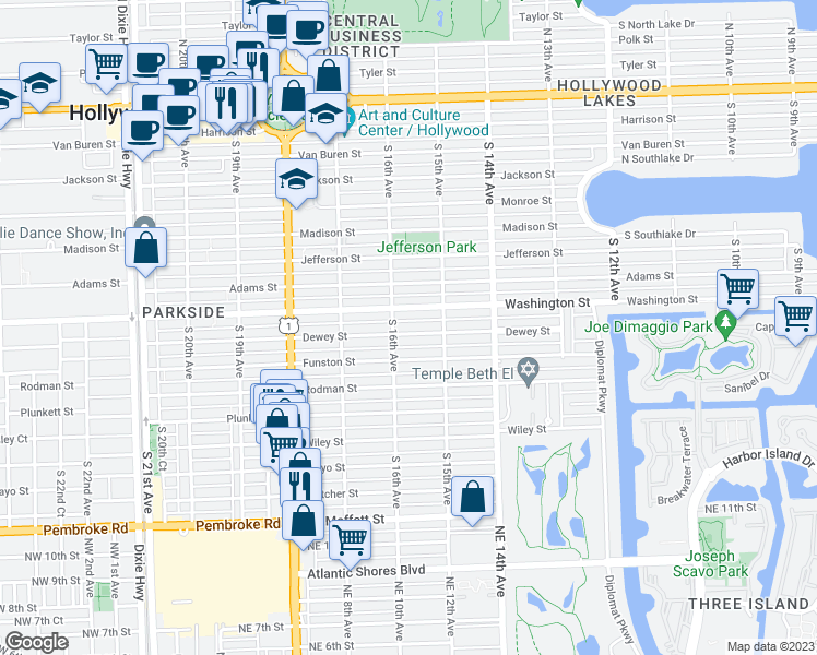 map of restaurants, bars, coffee shops, grocery stores, and more near 1510 Washington Street in Hollywood