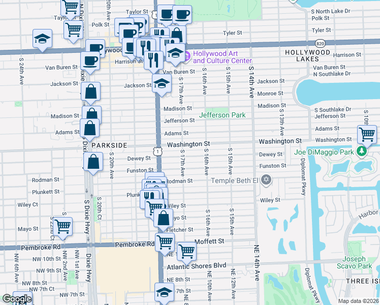 map of restaurants, bars, coffee shops, grocery stores, and more near 1644 Washington Street in Hollywood