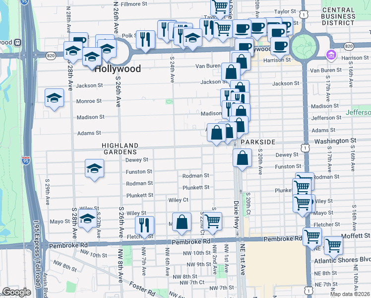 map of restaurants, bars, coffee shops, grocery stores, and more near 841 South 24th Avenue in Hollywood