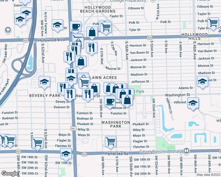 map of restaurants, bars, coffee shops, grocery stores, and more near 5706 Jefferson Street in Hollywood