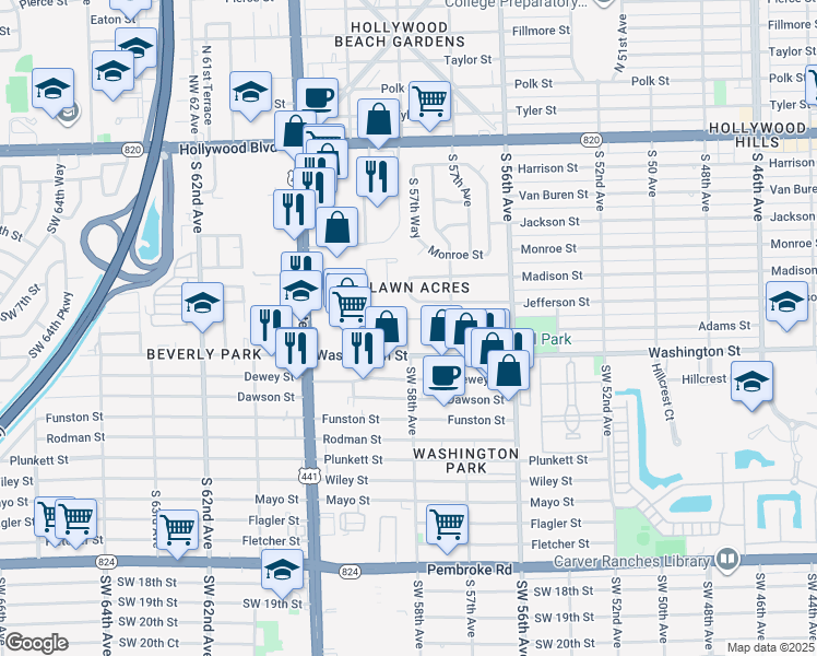 map of restaurants, bars, coffee shops, grocery stores, and more near 179 Hidden Court Drive in Hollywood