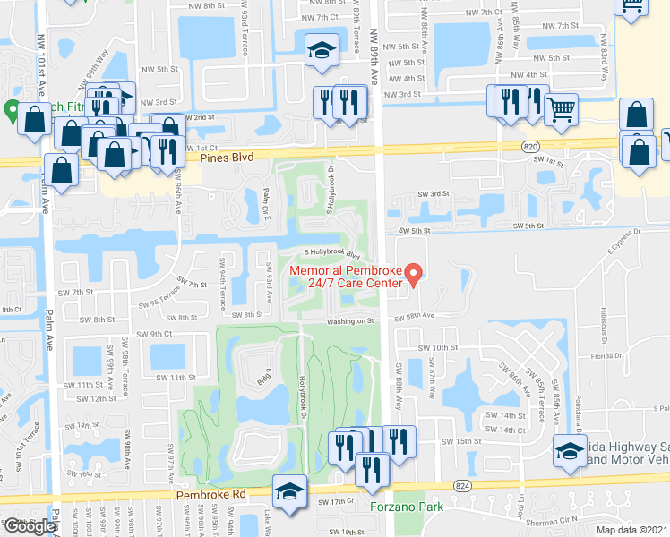 map of restaurants, bars, coffee shops, grocery stores, and more near 811 South Hollybrook Drive in Pembroke Pines