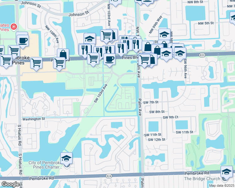map of restaurants, bars, coffee shops, grocery stores, and more near 10100 Pines Blvd in Pembroke Pines