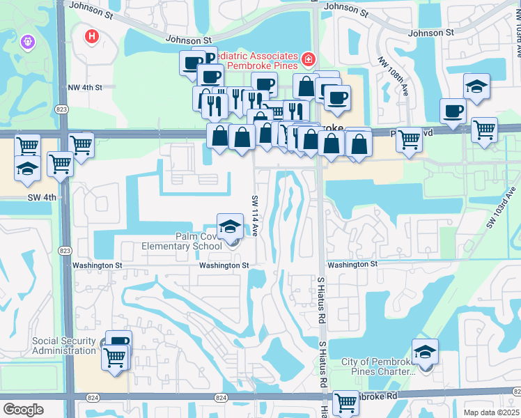 map of restaurants, bars, coffee shops, grocery stores, and more near 4585 Southwest 113th Way in Pembroke Pines