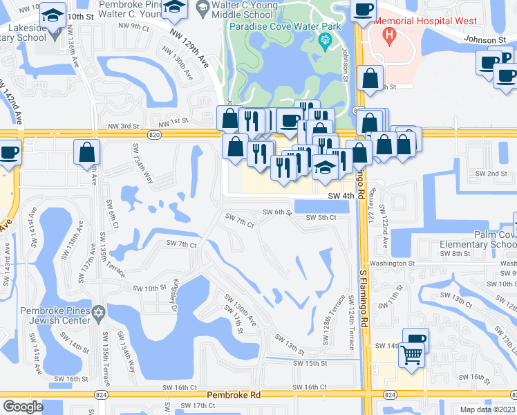 map of restaurants, bars, coffee shops, grocery stores, and more near 12950 Southwest 4th Court in Pembroke Pines