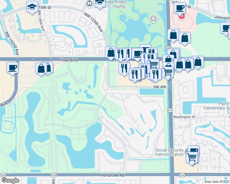 map of restaurants, bars, coffee shops, grocery stores, and more near 12950 Southwest 4th Court in Pembroke Pines