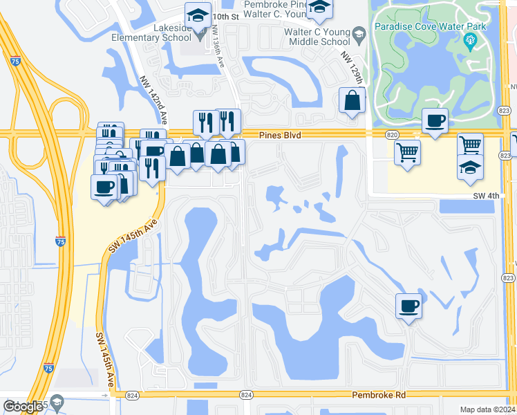 map of restaurants, bars, coffee shops, grocery stores, and more near 13550 Southwest 9th Court in Pembroke Pines
