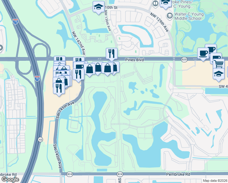 map of restaurants, bars, coffee shops, grocery stores, and more near 550 Southwest 138th Avenue in Pembroke Pines