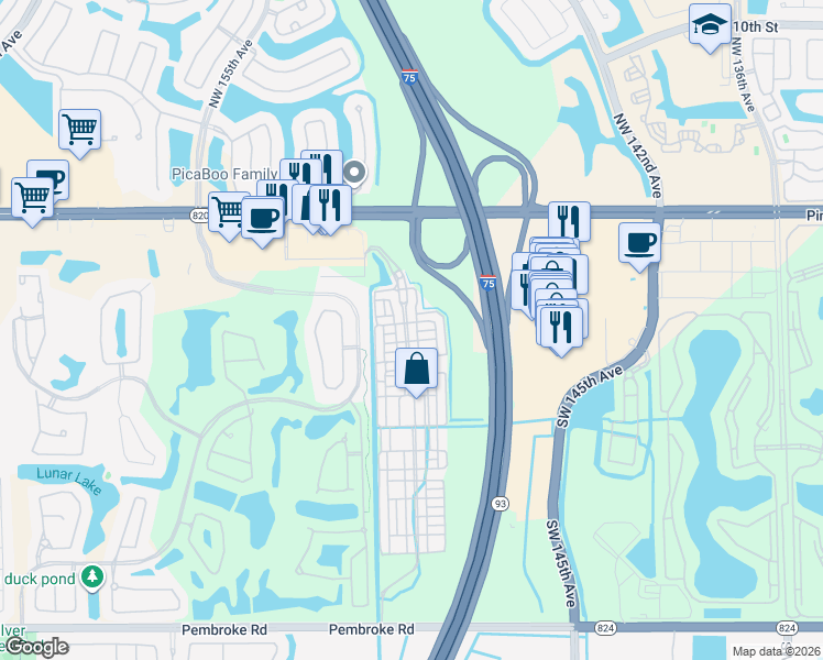 map of restaurants, bars, coffee shops, grocery stores, and more near 482 Southwest 148th Avenue in Pembroke Pines