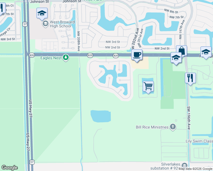 map of restaurants, bars, coffee shops, grocery stores, and more near 444 Southwest 205th Avenue in Pembroke Pines