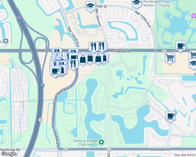 map of restaurants, bars, coffee shops, grocery stores, and more near 550 Southwest 138th Avenue in Pembroke Pines