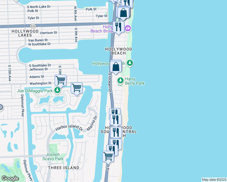 map of restaurants, bars, coffee shops, grocery stores, and more near 1301 South Ocean Drive in Hollywood