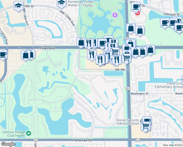 map of restaurants, bars, coffee shops, grocery stores, and more near 12950 Southwest 4th Court in Pembroke Pines