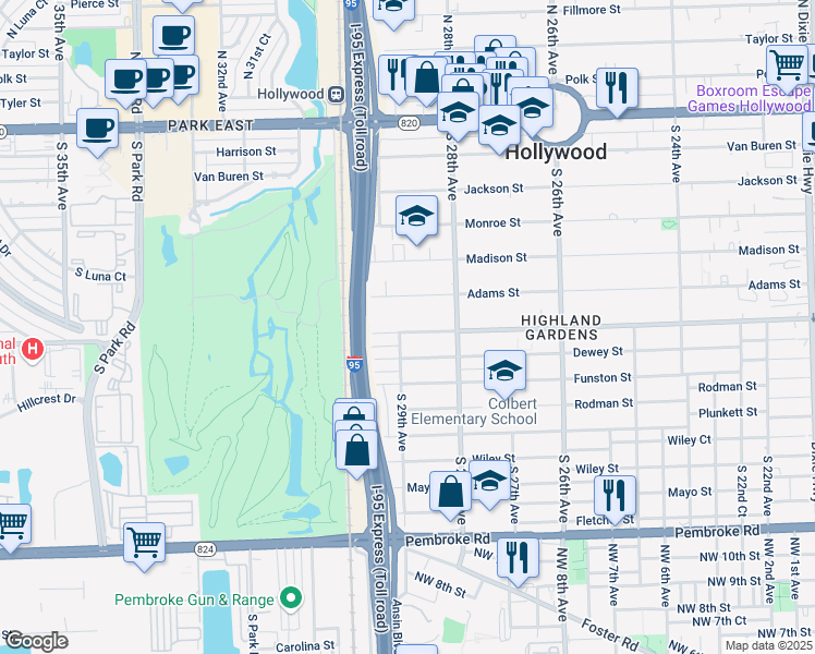 map of restaurants, bars, coffee shops, grocery stores, and more near 2851 Washington Street in Hollywood