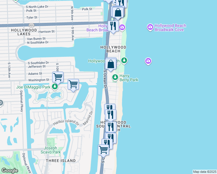 map of restaurants, bars, coffee shops, grocery stores, and more near 1401 South Ocean Drive in Hollywood