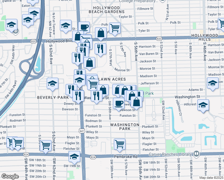 map of restaurants, bars, coffee shops, grocery stores, and more near 179 Hidden Court Drive in Hollywood
