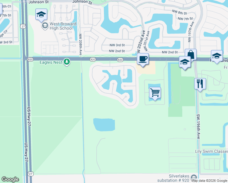 map of restaurants, bars, coffee shops, grocery stores, and more near 20390 Southwest 3rd Street in Pembroke Pines