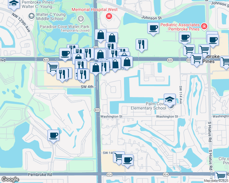 map of restaurants, bars, coffee shops, grocery stores, and more near 12163 Southwest 4th Street in Pembroke Pines