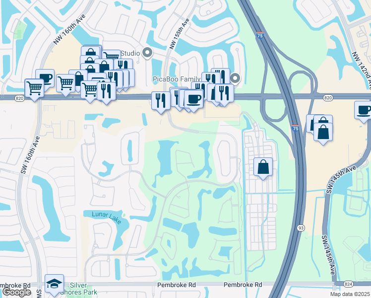 map of restaurants, bars, coffee shops, grocery stores, and more near 15221 Laurel Lane in Pembroke Pines