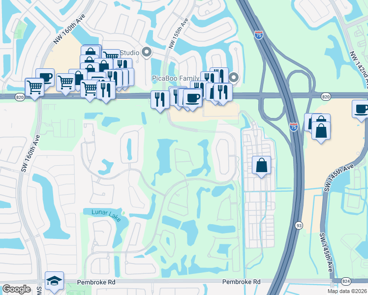 map of restaurants, bars, coffee shops, grocery stores, and more near 15221 Laurel Lane in Pembroke Pines