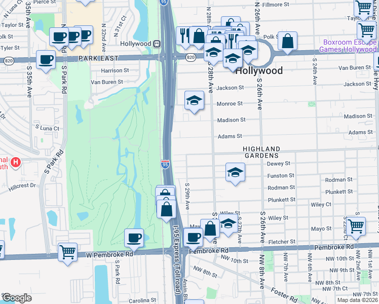 map of restaurants, bars, coffee shops, grocery stores, and more near 2851 Washington Street in Hollywood