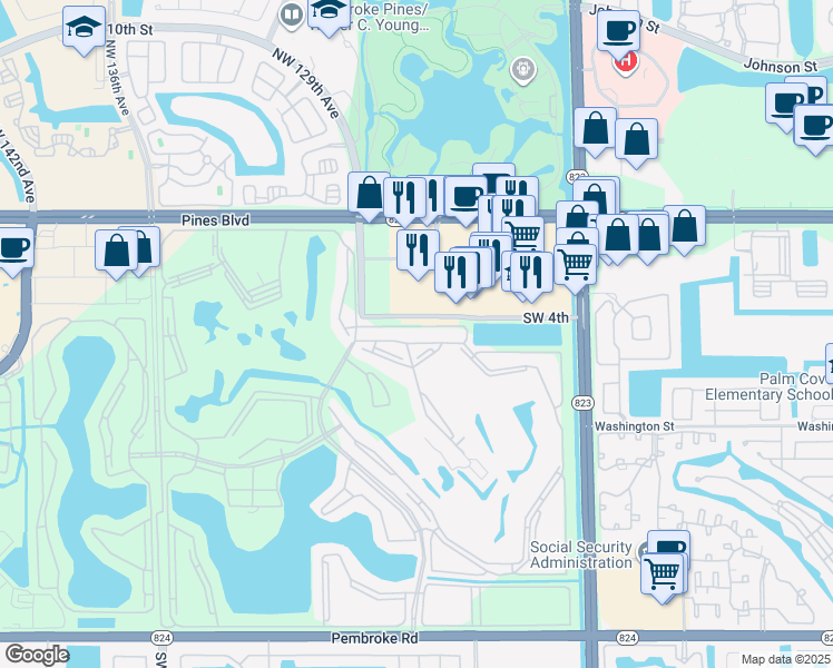 map of restaurants, bars, coffee shops, grocery stores, and more near 12750 Southwest 4th Court in Pembroke Pines