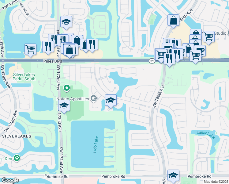 map of restaurants, bars, coffee shops, grocery stores, and more near 340 Southwest 167th Avenue in Pembroke Pines