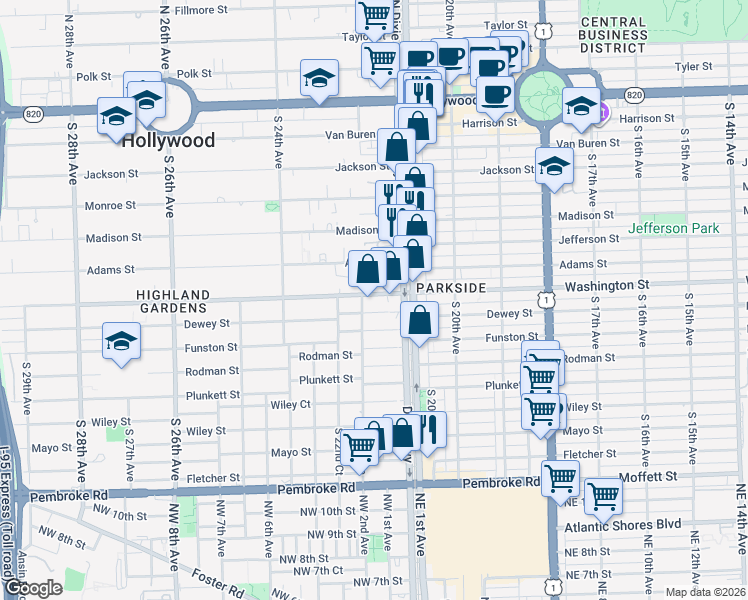 map of restaurants, bars, coffee shops, grocery stores, and more near in Hollywood