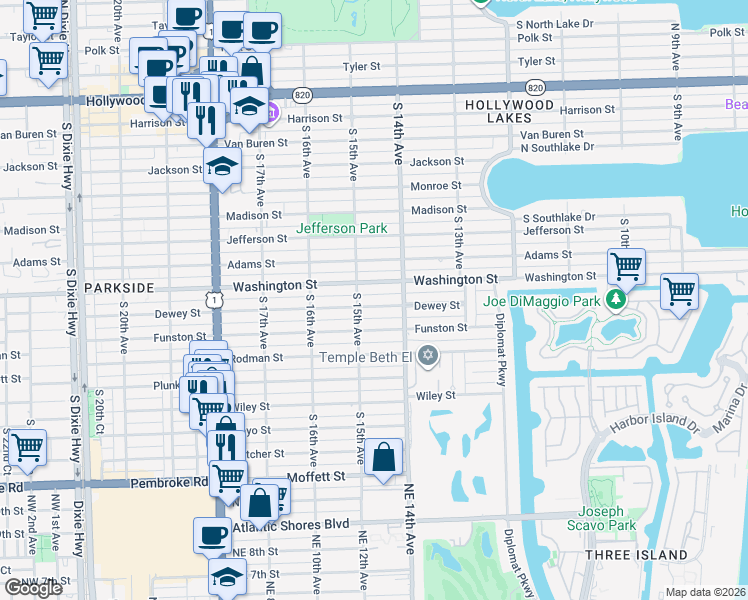 map of restaurants, bars, coffee shops, grocery stores, and more near 1430 Washington Street in Hollywood