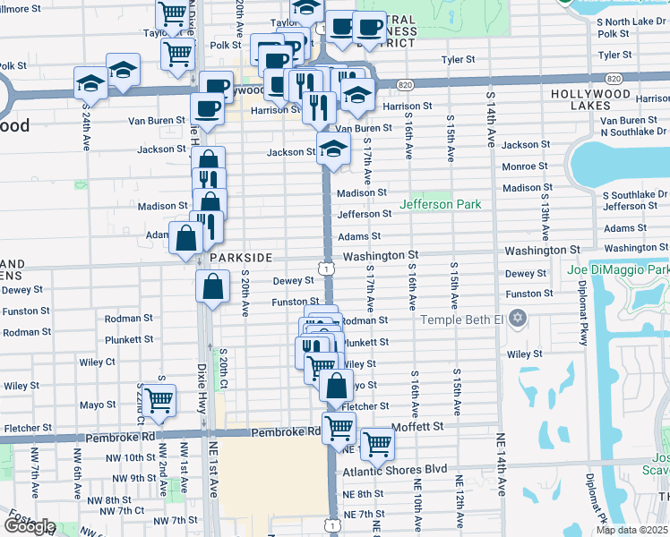 map of restaurants, bars, coffee shops, grocery stores, and more near 1736 Washington Street in Hollywood