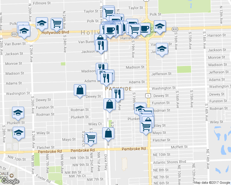 map of restaurants, bars, coffee shops, grocery stores, and more near 2037 Washington Street in Hollywood