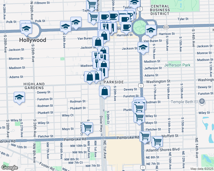 map of restaurants, bars, coffee shops, grocery stores, and more near 2037 Washington Street in Hollywood