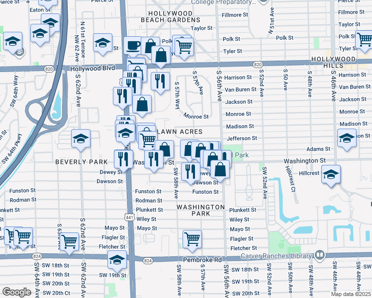 map of restaurants, bars, coffee shops, grocery stores, and more near 5706 Jefferson Street in Hollywood
