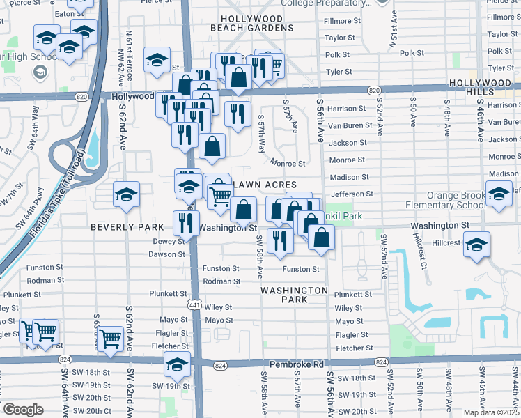 map of restaurants, bars, coffee shops, grocery stores, and more near 179 Hidden Court Drive in Hollywood
