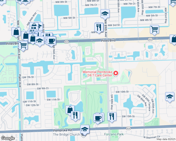 map of restaurants, bars, coffee shops, grocery stores, and more near 811 South Hollybrook Drive in Pembroke Pines