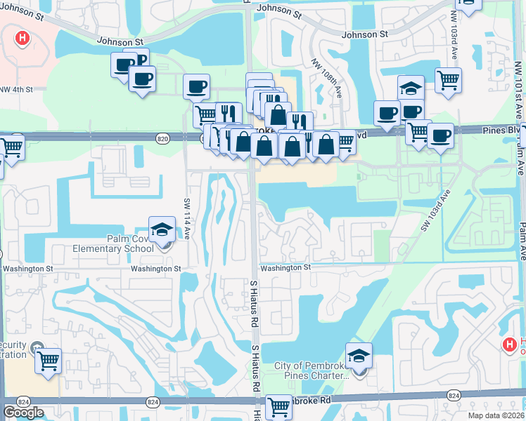 map of restaurants, bars, coffee shops, grocery stores, and more near 577 Southwest 111th Lane in Pembroke Pines