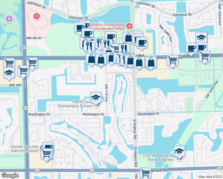 map of restaurants, bars, coffee shops, grocery stores, and more near 4585 Southwest 113th Way in Pembroke Pines