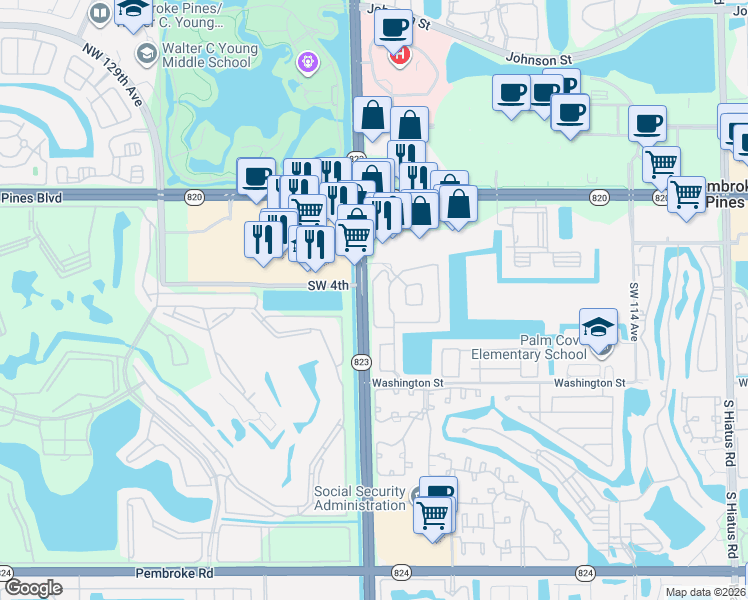 map of restaurants, bars, coffee shops, grocery stores, and more near 387 South West 122nd Terrace in Pembroke Pines