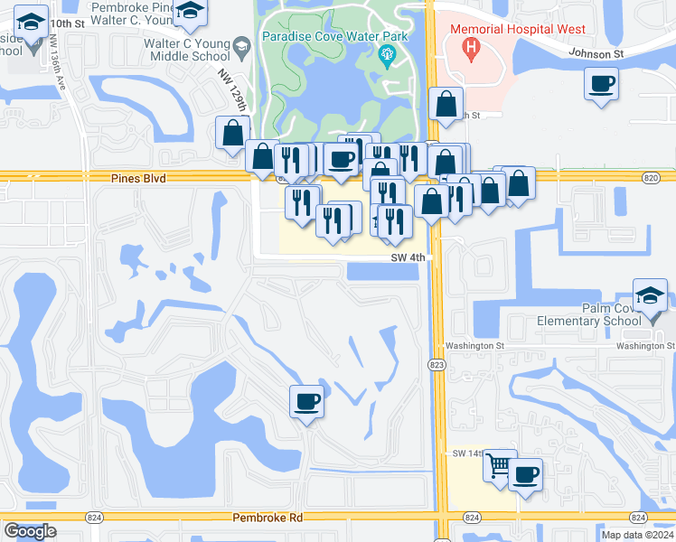map of restaurants, bars, coffee shops, grocery stores, and more near 12590 Pines Boulevard in Pembroke Pines