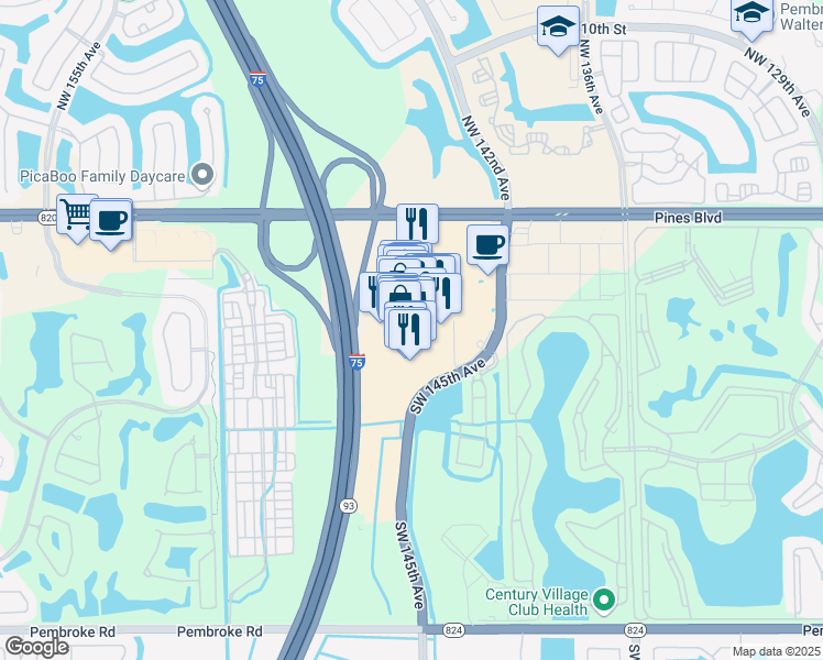 map of restaurants, bars, coffee shops, grocery stores, and more near 14561 Southwest 5th Street in Pembroke Pines